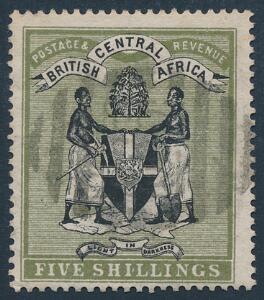 British Central Africa. 1895. 5 sh. olivensort. Smukt stemplet mærke. SG £225