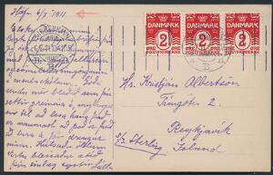 1905. Bølgelinie 2 øre. 3-stribe på brevkort dateret Hófn 67-11, annulleret Kjøbenhavn 6.7.11 og sendt med SS STERLING til Island. Et mærke med variant