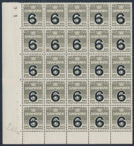 1940. 68 øre, grå. Type I. Perfekt postfrisk 25-blok fra nedre venstre arkdel. AFA 20000. Attest Møller