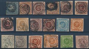 1851-1863. Planche med diverse Kvadrater i blandet kvalitet incl. 2 RBS og 16 sk. 1863