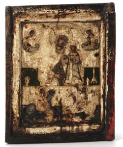 To græske ikoner. Todelt ikon med Gudsmoderen med barnet samt to helgener til hest. 18. årh. 31,5 x 25. Jomfru Maria med korstet. ca. 1900. 32 x 25.2