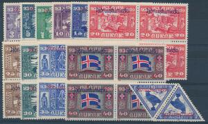 1930. Altinget. 3-40 aur i postfriske 4-BLOKKE samt 10 aur, Luftpost i par. Facit 8800