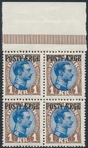 1922. Chr.X, 1 kr. brunblå. Type I. Postfrisk fireblok. AFA 5600