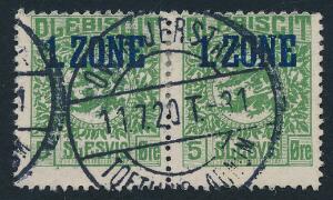 5 øre grøn parstykke, 1. ZONE annulleret med OVER JERSTAL-TOFTLUND-ARNUM, 11.7.1920.