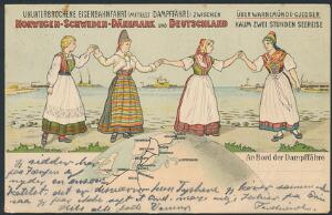 Warnemünde-Gjedser. Reklame postkort fra Dampfærgen. Annulleret med tysk bureaustempel Berlin-Warnemünde Bahnpost Zug 12 17.5.1914
