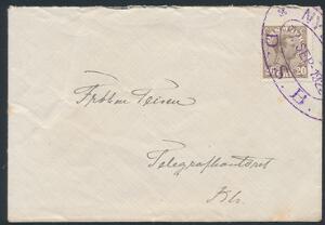 NYBORG  D.S.B. Ovalt stempel i violet farve på lille brev med 20 øre Chr. X. Usædvanlig annullering sendt til Telegrafkontoret, Kbh. 7. sep. 1922.