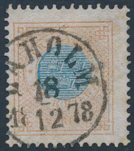 1877. Ringtype, 1 Kr. brunblå, tk.12.