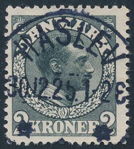 1913. Chr. X, 2 kr. Skiffergrå. LUXUS-stempel HASLEV 30.12.25. Et svært mærke i luxus-stemplet kvalitet