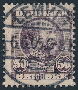 1905. Chr. IX, 50 øre brunlilla. Het retvendt LUXUS-stempel LEMVIG 6.6.05. Et meget sjældent mærke i denne kvalitet