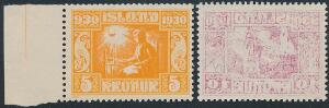 1930. Altinget. 5 kr. orange, postfrisk og 10 kr. rødlilla med ABKLASCH på bagsiden.