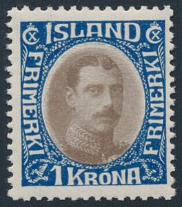1931. Chr.X. Linieret udgave. 1 kr. brunblå. Postfrisk. Facit 1300