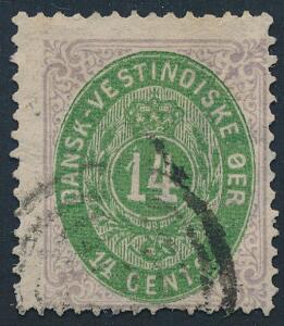 1873. 14 Cents, lillagrøn. Pænt stemplet mærke i meget farvefrisk nuance, dog med en manglende tak i syd. AFA 12000