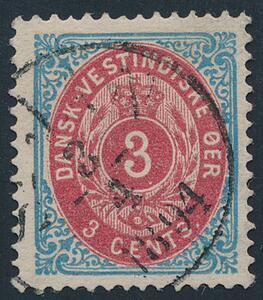 1873. 3 cents, rødblå. Tk.14. Smukt mærke stemplet ST. JAN 3.4.1894.