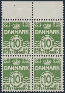 1962. Bølgelinie, 10 øre, grøn. Postfrisk fireblok med variant DOBBELTPRÆG fra 2 kr. hæfte. AFA 600