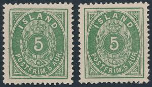 1876. 5 aur, grøn. tk.14. 2 smukke velcentrerede postfriske mærker. Facit 3000
