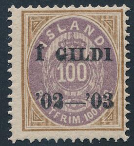 1902. Í GILDI. 100 Aur, lillabrun. Postfrisk. Facit 1300
