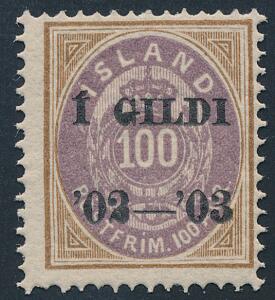 1902. Í GILDI. 100 Aur, lillabrun. Postfrisk. Facit 1300