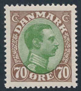 1918. Chr. X, 70 øre, brungrøn. Perfekt centreret postfrisk eksemplar. AFA 550