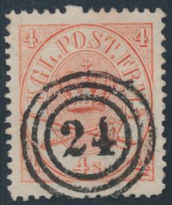 1864. 4 sk. rød. Med taknings-variant. PRAGT-mærke med retvendt nr.stempel 24 HELSINGØR.