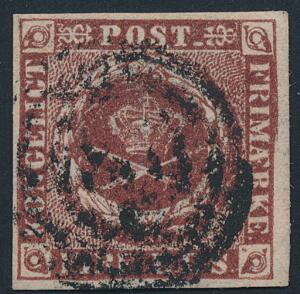 1852. 4 RBS Thiele I, rødbrun. Plade I, nr.19 PEMPERTON. Nydeligt mærke med pæne rande.