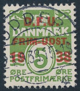 1938. D.F.U. 5 øre, grøn. PRAGT-stemplet i ODDER 21.9.38. Et vanskeligt mærke i denne kvalitet