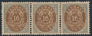 1875. 16 øre, gråbrun. Flot ubrugt 3-stribe. Midterste mærke med brun farvestreg i S-ramme. AFA 1800