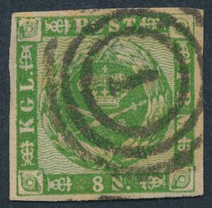 1858. 8 sk. grøn. Pænt stemplet mærke. AFA 1400