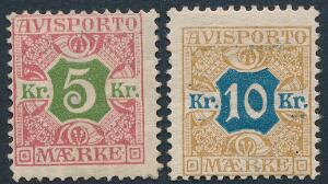 1907. 5 kr. rødgrøn og 10 kr. gulblå. 2 ubrugte mærker. AFA 3100
