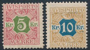 1907. 5 kr. rødgrøn og 10 kr. gulblå. 2 ubrugte mærker. AFA 3100