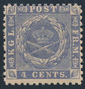 1872. 4 cents, blå. linietakket. Pos. 49. Flot postfrisk eksemplar med perfekt takning. AFA 3800. Attest Møller