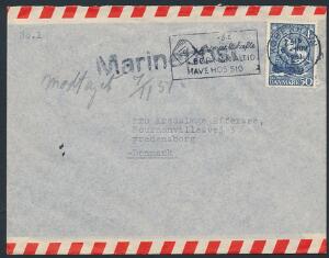 1951. Skib. 50 øre, blå. På brev med sort liniestempel Marinepost.