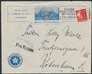 1927. Karavel 15 øre, rød. Brugt på Skibs-brev Fra Rønne på meget dekorativ kuvert fra RØNNE MISIONSHOTEL.