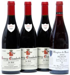 3 bts. Gevrey Chambertin Au Vellé, Domaine Denis Mortet 2002 A hfin.  etc. Total 4 bts.