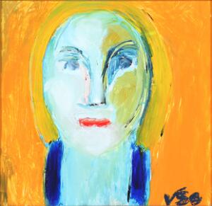Wiliam Skotte Olsen Maske på orange baggrund. Sign. WSO. Acryl på pap. 33 x 34.