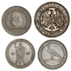 Tyskland, Weimar Republik, 3 Reichsmark 1925G, KM 46, 3 Reichsmark 1929A, KM 633 Reichsmark 1930A, KM 70, 5 Reichsmark 1932D, KM 56, i alt 4 stk.