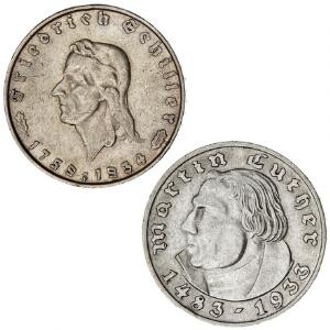 Tyskland, 3. Rige, 2 Reichsmark 1933A, KM 79, 2 Reichsmark 1934F, KM 84, i alt 2 stk. i kval. 1 og 1-1