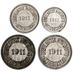 Grønland, Grønlandsk Minedrift, 10, 25, 100 øre 1911 2 stk. af 100 øre, Sieg 28-30, i alt 4 stk. i varierende kvalitet