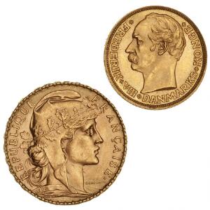 10 kr 1909, H 2, F 299 samt Frankrig, 20 francs 1909, F 596a