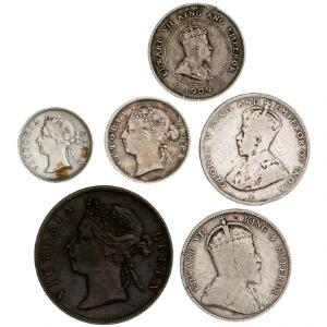 Honduras Britisk, 1 Cent 1888, KM 6, 5 cent 1894, KM 7, 5 Cents 1909, KM 14, 10 Cents 1894, KM 8, 25 Cents 1907, KM 12, 25 Cents 1919, KM 17, i alt 6 stk.
