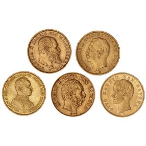 Tyskland, 20 Mark guld, 5 stk fra forskellige delstater