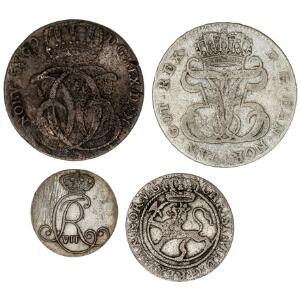 Norge, Frederik V, 24 skilling 1764, NM 21, kv. 1 samt 3 ældre sølvmønter, alle med monteringsspor. 4