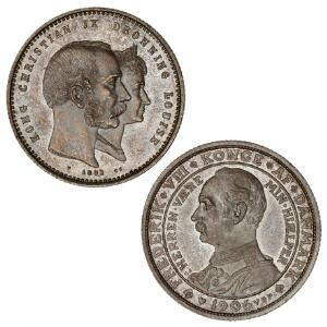 2 kr 1892, H 11, Frederik VIII, 2 kr 1906, H 3, 2 stk. pæne erindringsmønter