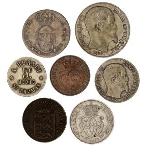 Dansk Vestindien, lille samling inkl. 12 skilling 1767, 10  20 cents 1862, A. Burnet 5 cent u. år privatmønt, Sieg 6, i alt 7 stk.