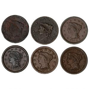USA, 1 Cent 1826, 1837, KM 45 samt 1 Cent 1850, 1852 2, 1853, KM 57, i alt 6 stk. i varierende kvalitet