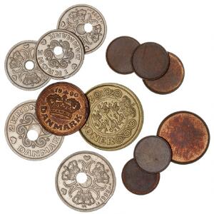 Prøvemønter og blanketter, 25, 50 øre, 1, 2, 20 kr 1990 - 1992 samt blanketter til 5 øre 1973-1988, i alt 13 stk.