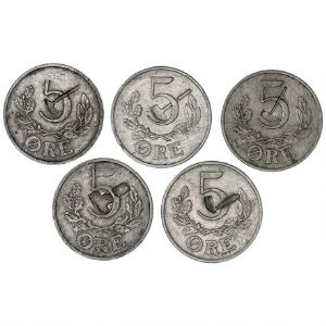 Samling af 5 øre 1941 aluminium - 5 stk. med hammer indslået