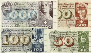 Schweiz, 50, 100, 500, 1000 Franken, Pick 48n, 49d, 50h, 51l, i alt 4 stk.
