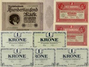 1 kr 1916, 1918 D 3, 1921 W, Sieg 117, DOP 112, i alt 5 stk. kval 0, div. udland 4 stk., samlet 9 stk.