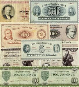 Lille samling 9 stk. bl.a. 5 kr 1958 01, 50 kr 1970, 100 kr 1970, 1975 samt Færøerne, 5 stk. inkl. 100 kr 1972, Sieg 26, Pick 16