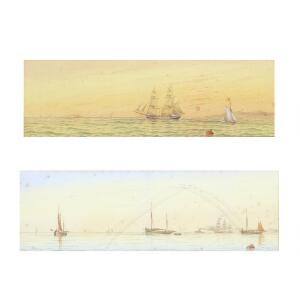 Engelsk maler, 20. årh. Et par mariner med sejlskibe. Sign. Beverley 08. Vandfarve på papir. Bladstørrelse 15 x 47. 2.